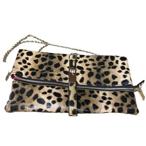 Leopard Print Fold over Envelope Crossbody Purse, gold chain strap, zippered